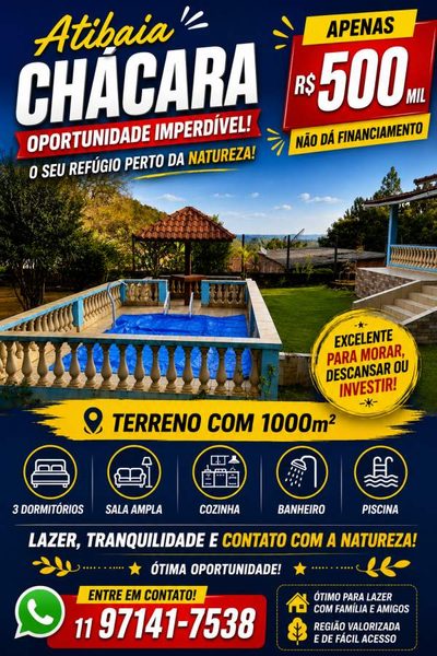 Chácara, 3 quartos, 1000 m² - Foto 1
